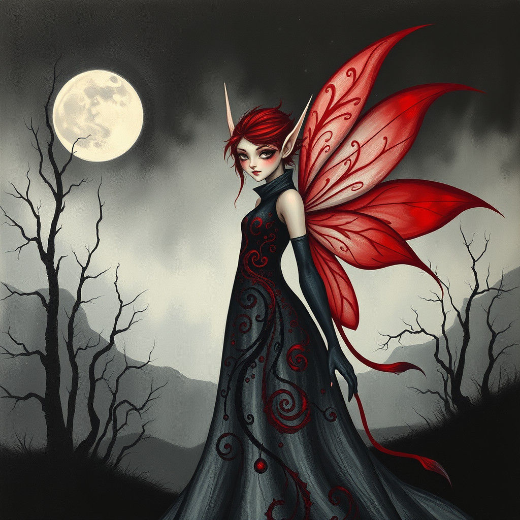 Fairy Elf in Red, Black, and White: Surrealist Art