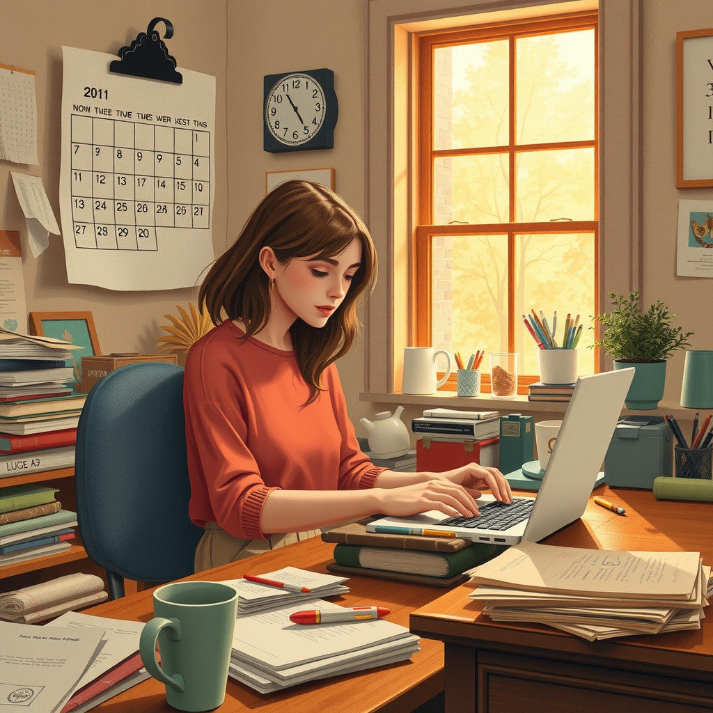 Cozy Office Scene in Folk-Art Digital Illustration
