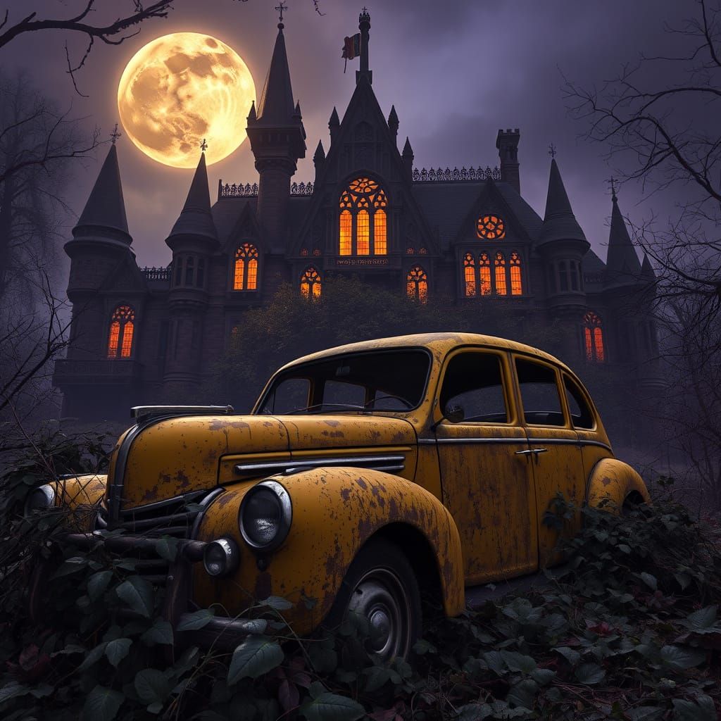 Abandoned Car in Front of a Haunting Gothic Mansion