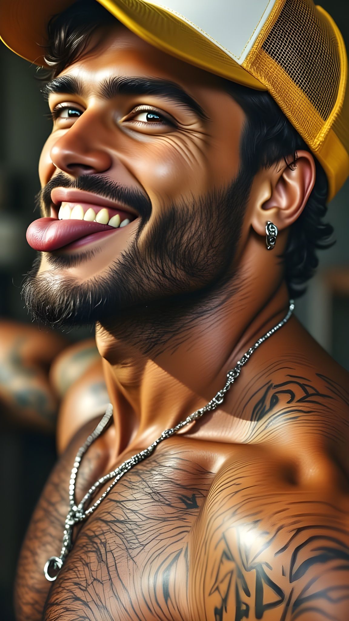 Muscular Man with Trucker Hat Close-Up