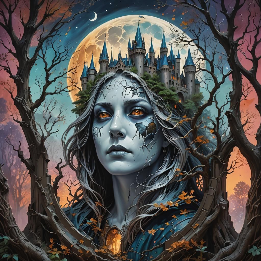 Hyperrealistic Ghost Portrait Reflecting Castle and Moon