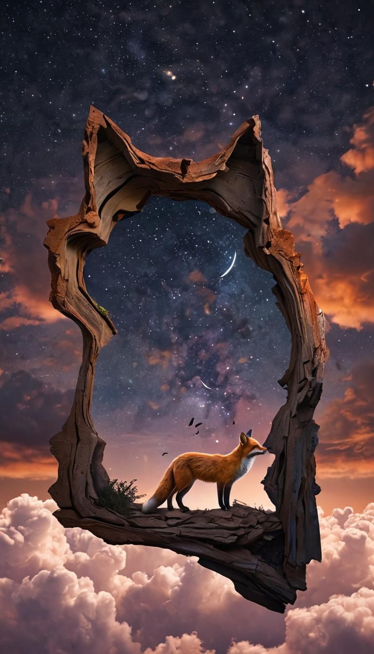 Surreal Fox-Shaped Portal Between Day and Night