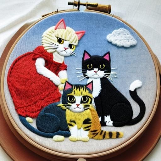 Embroidered Cats Enjoying Sunlight