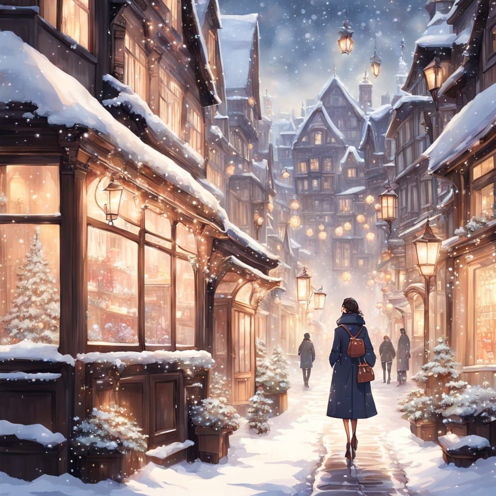 Woman Strolling Through Winter Wonderland in Elegant Japanes...