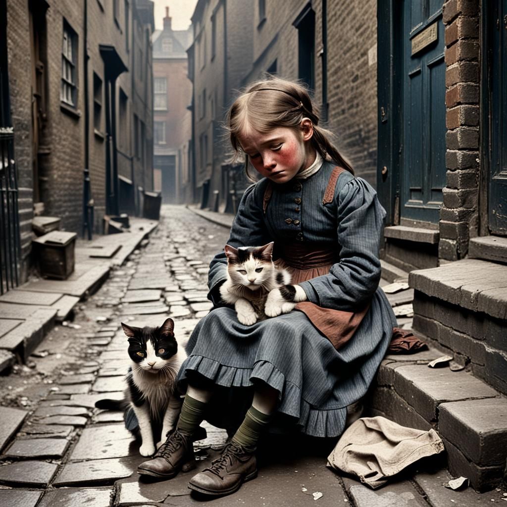 Crying Girl and Cat in 19th Century London