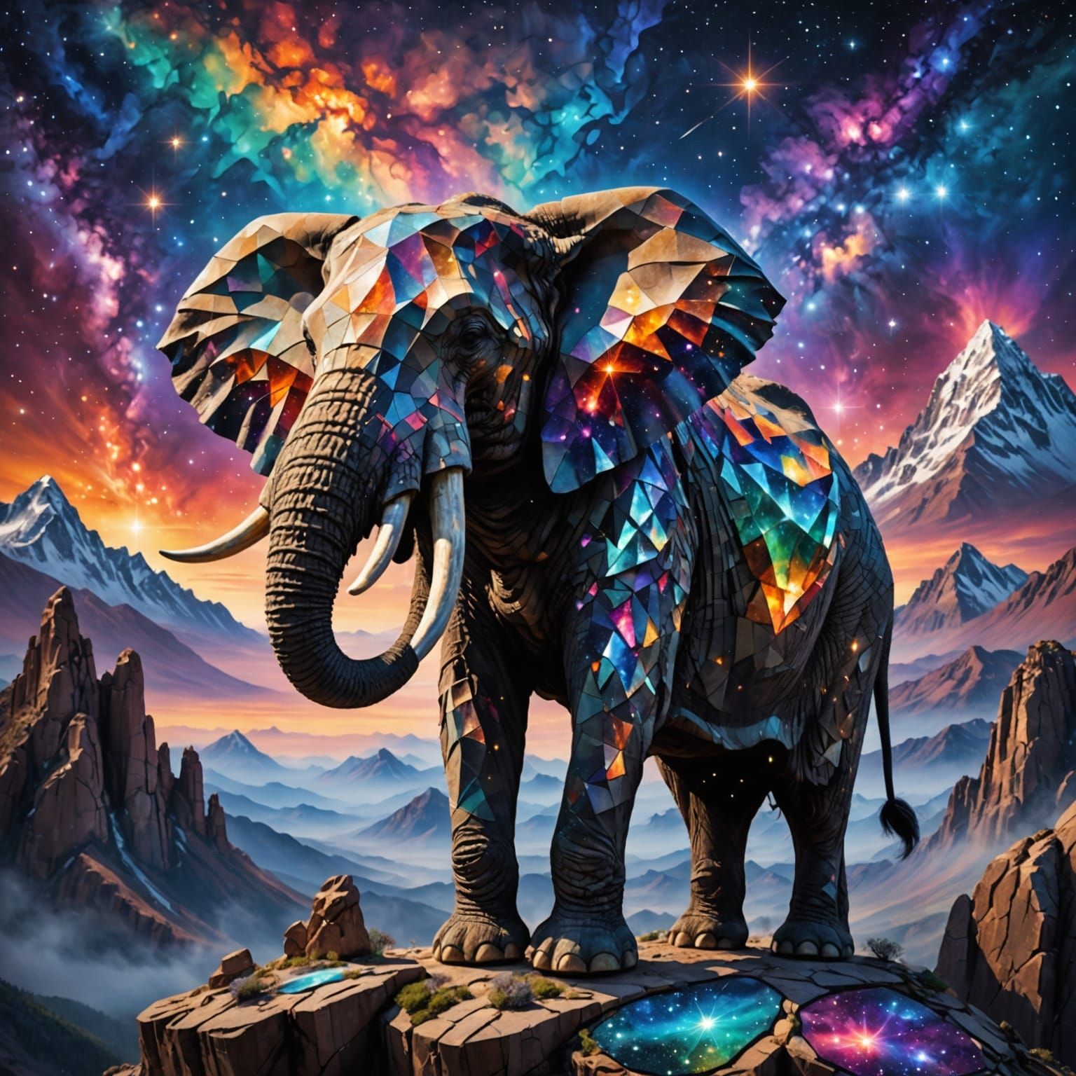 Ancient Elephant on Mountain Peak in Luminous Glass Mosaic S...