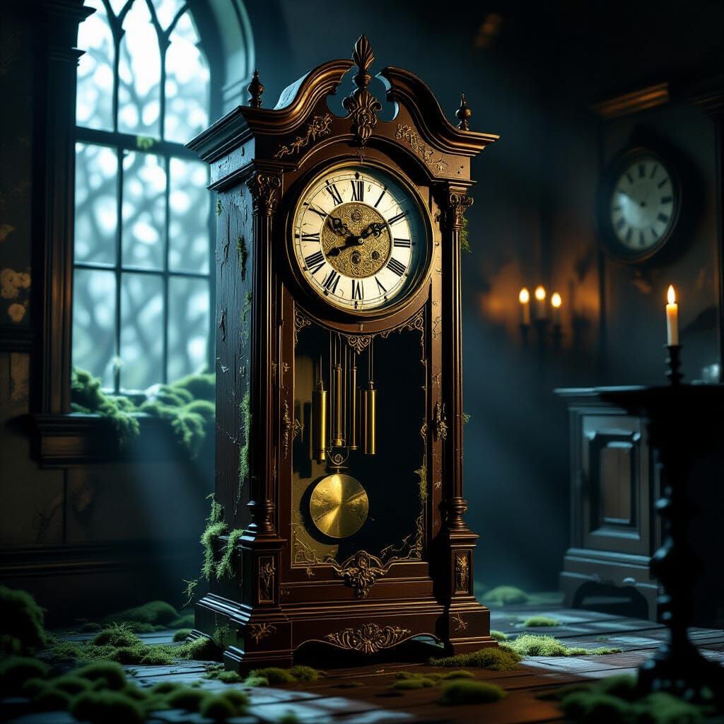 Decaying Grandfather Clock in Dark Room