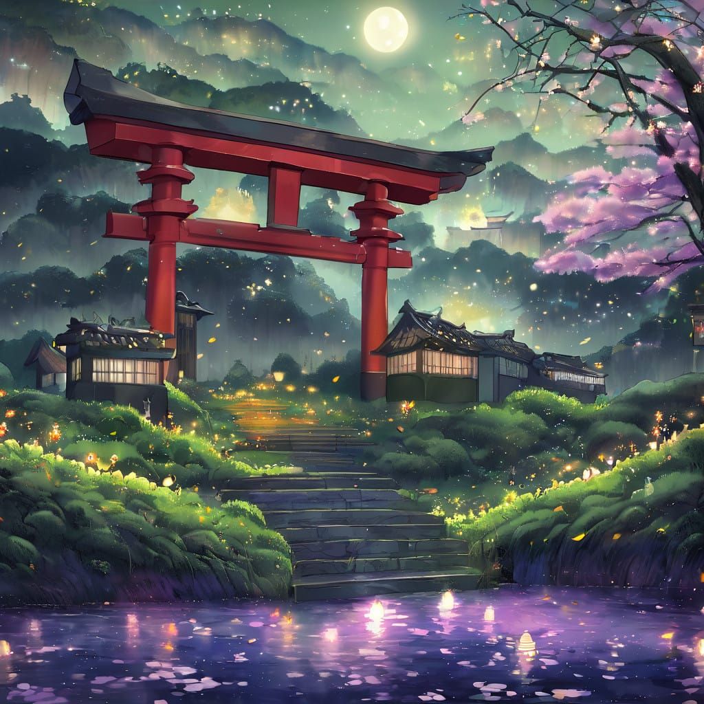 Japanese Village Under Starlit Night Sky with Cherry Blossom...