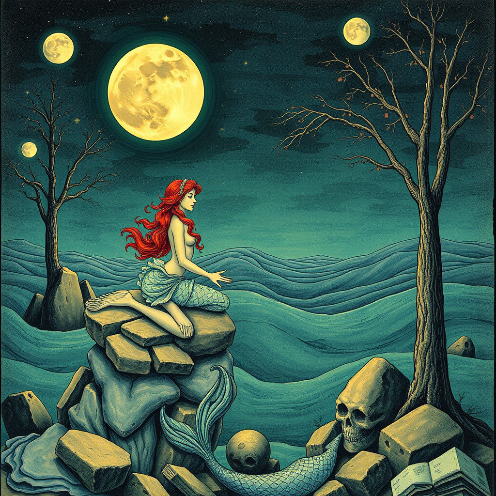 Majestic Majolica Mermaid in a Dreamlike Moonscape