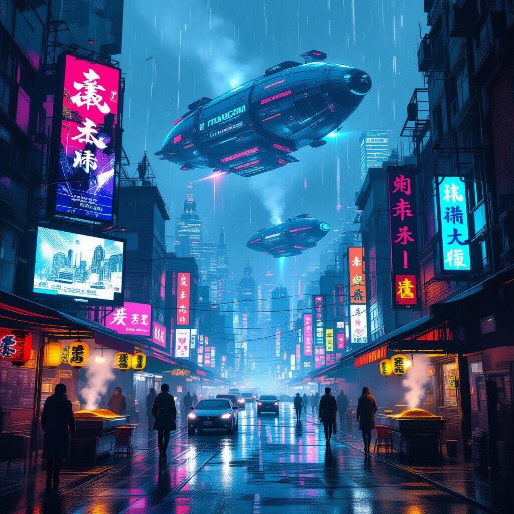Cyberpunk Cityscape with Airships in Neon Rain