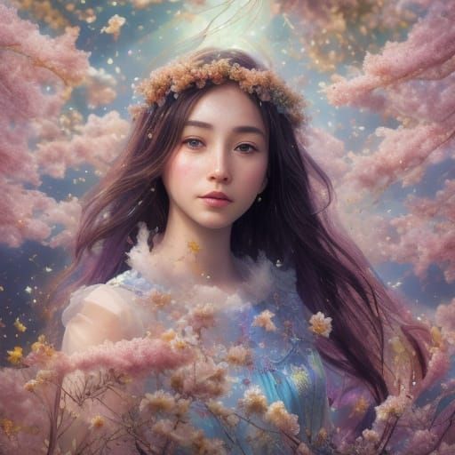 Hyper-Realistic Portrait of a Young Woman Amidst Blooming Ch...