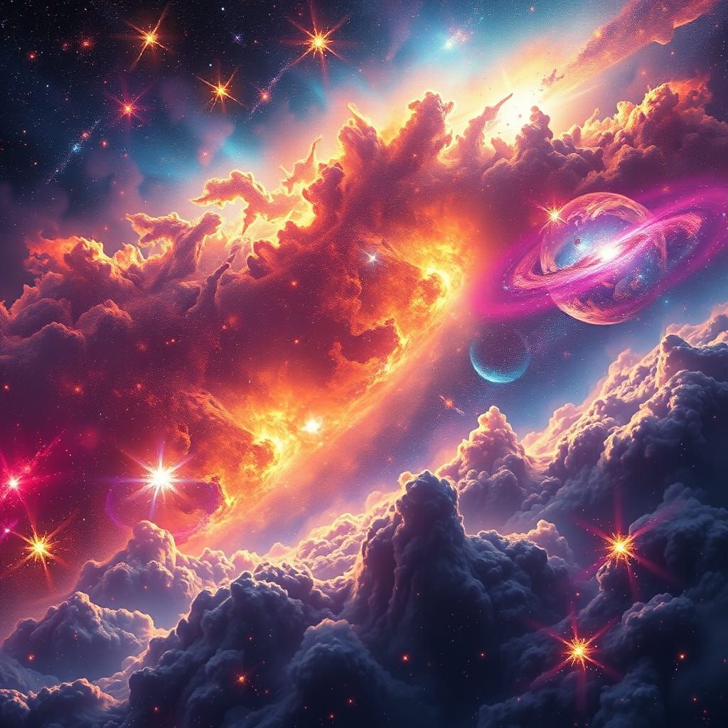 Cosmic Ballet of Nebulae and Galaxies in Epic Fantasy Style
