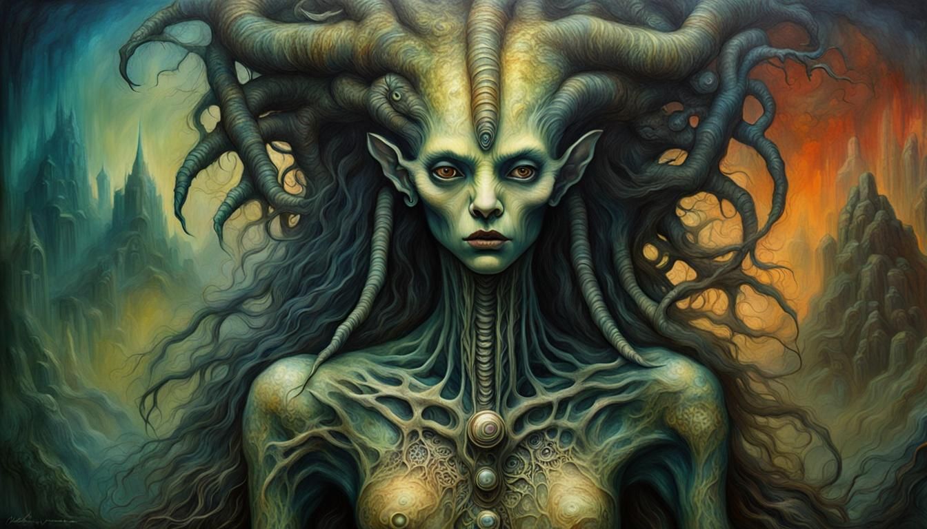 Eerie Monster Girl Portrait in Tonalist Style