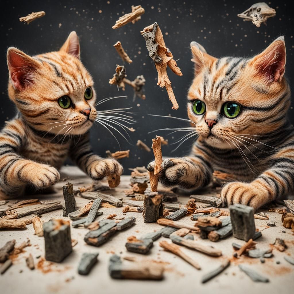 Abstract Horror Battle with Miniature Cats