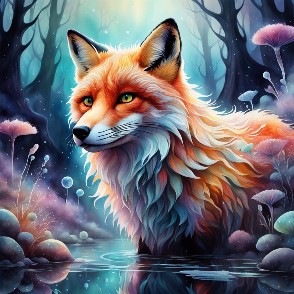 Ethereal Fox in Cosmic Watercolor Dreamscape
