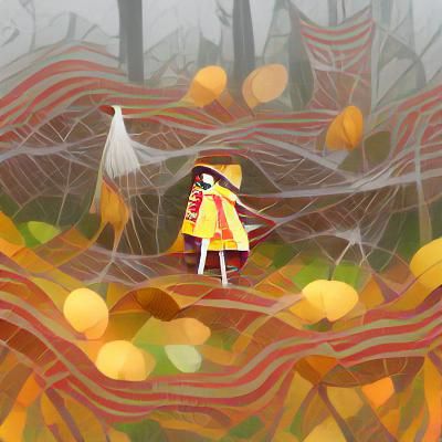 Foggy Autumn Thicket with Poncho Girl