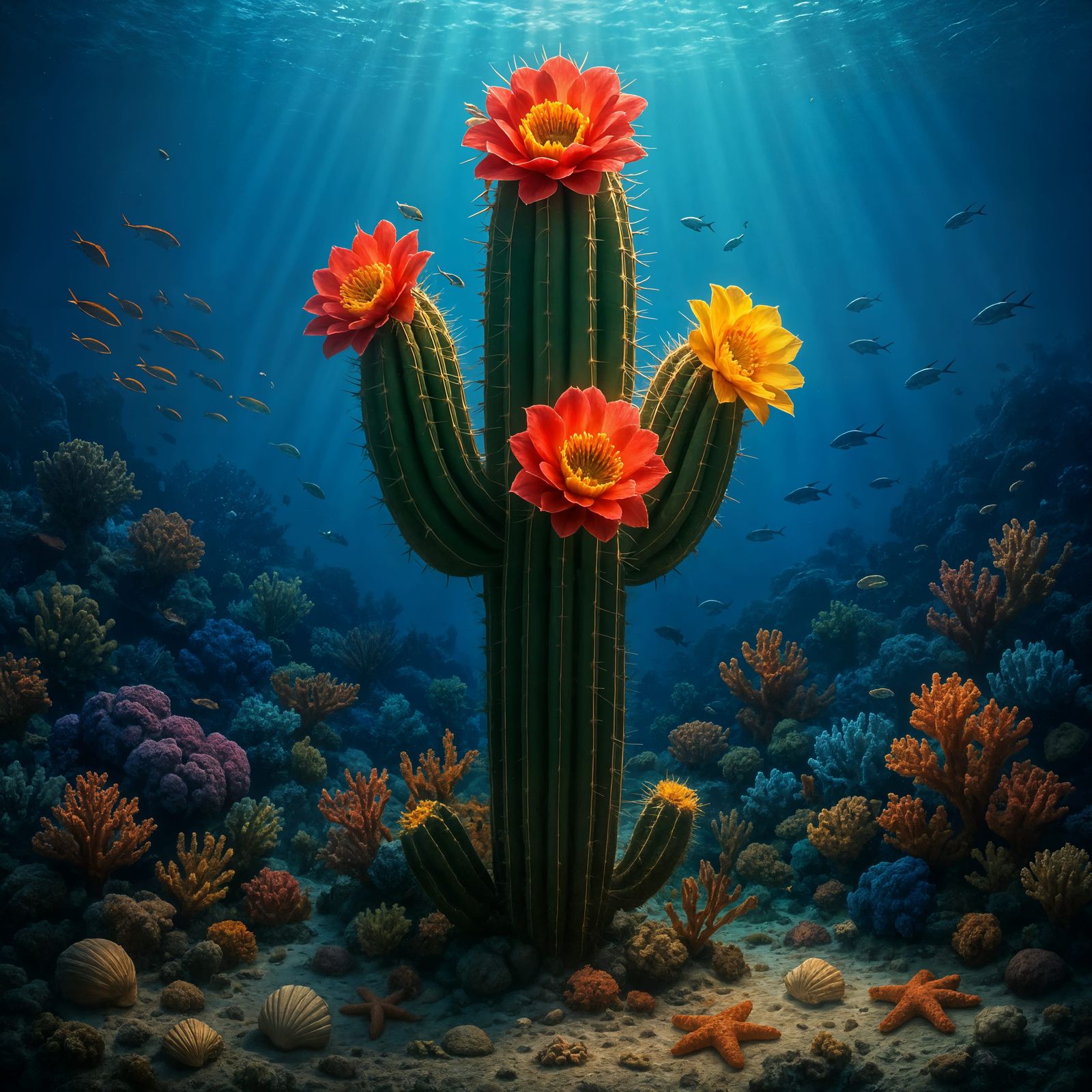 CGI Underwater Cactus Blooming Among Coral Reefs
