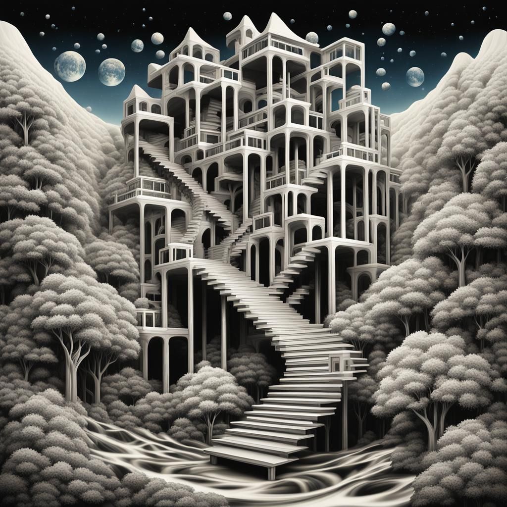 Surreal Rainforest with Impossible Staircase