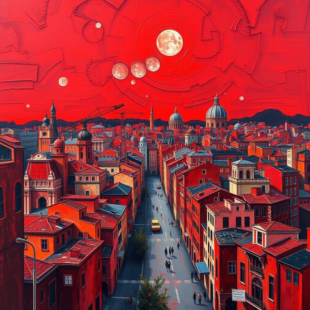 Red Cityscape with Expressive Brushstrokes in Gouache Style