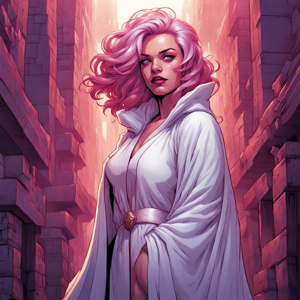 Pink Haired Woman in White Robes: Comic Book Art