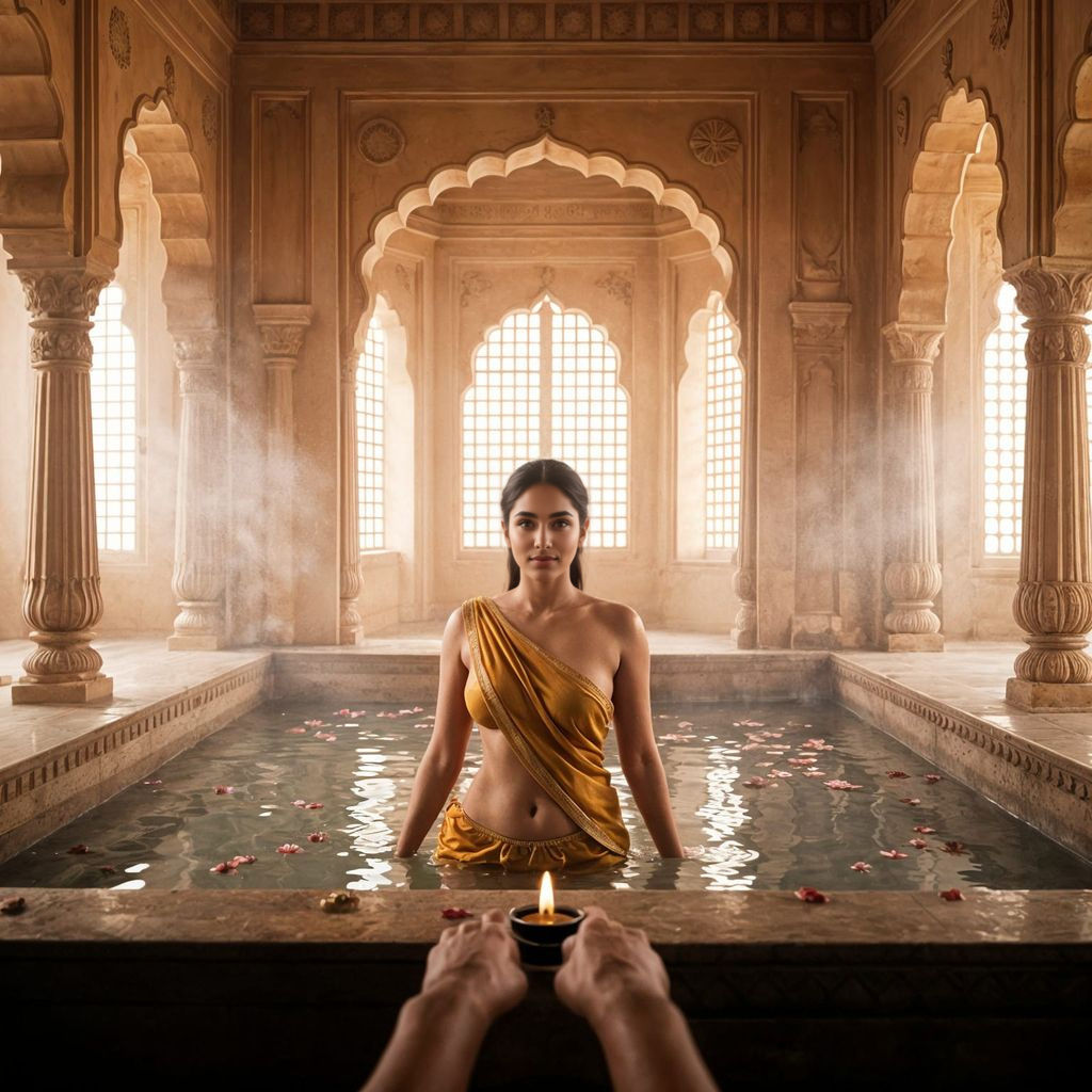 Gupta-Era Indian Woman in Opulent Palace Bath