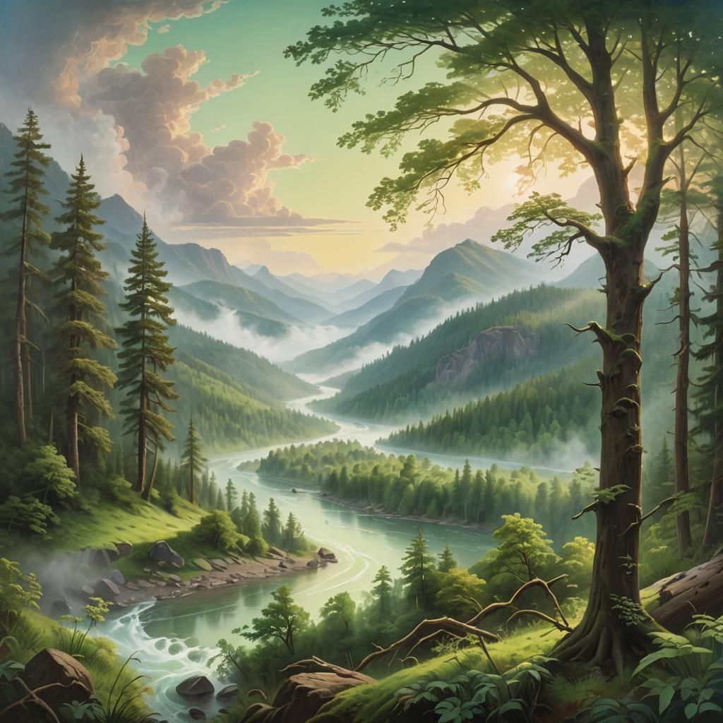 Lush Forest Landscape Painting in Romanticism Style