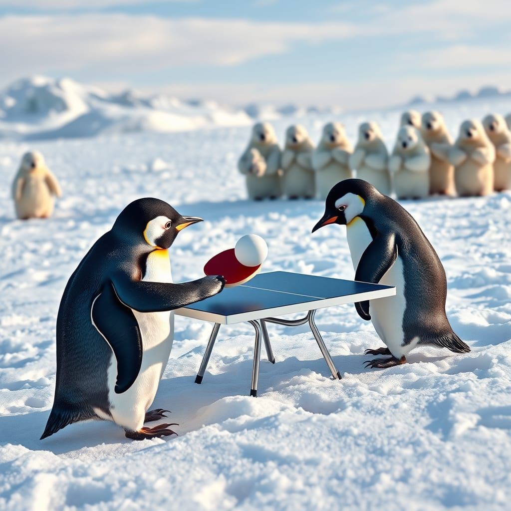 Penguin Ping Pong Match in Winter Wonderland