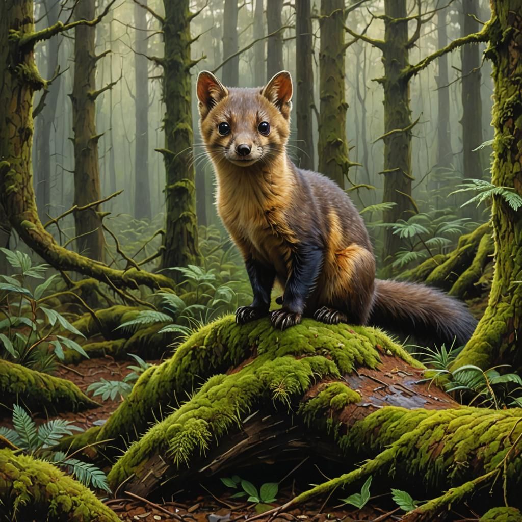 Pine Marten in Mossy Forest: Oil Painting