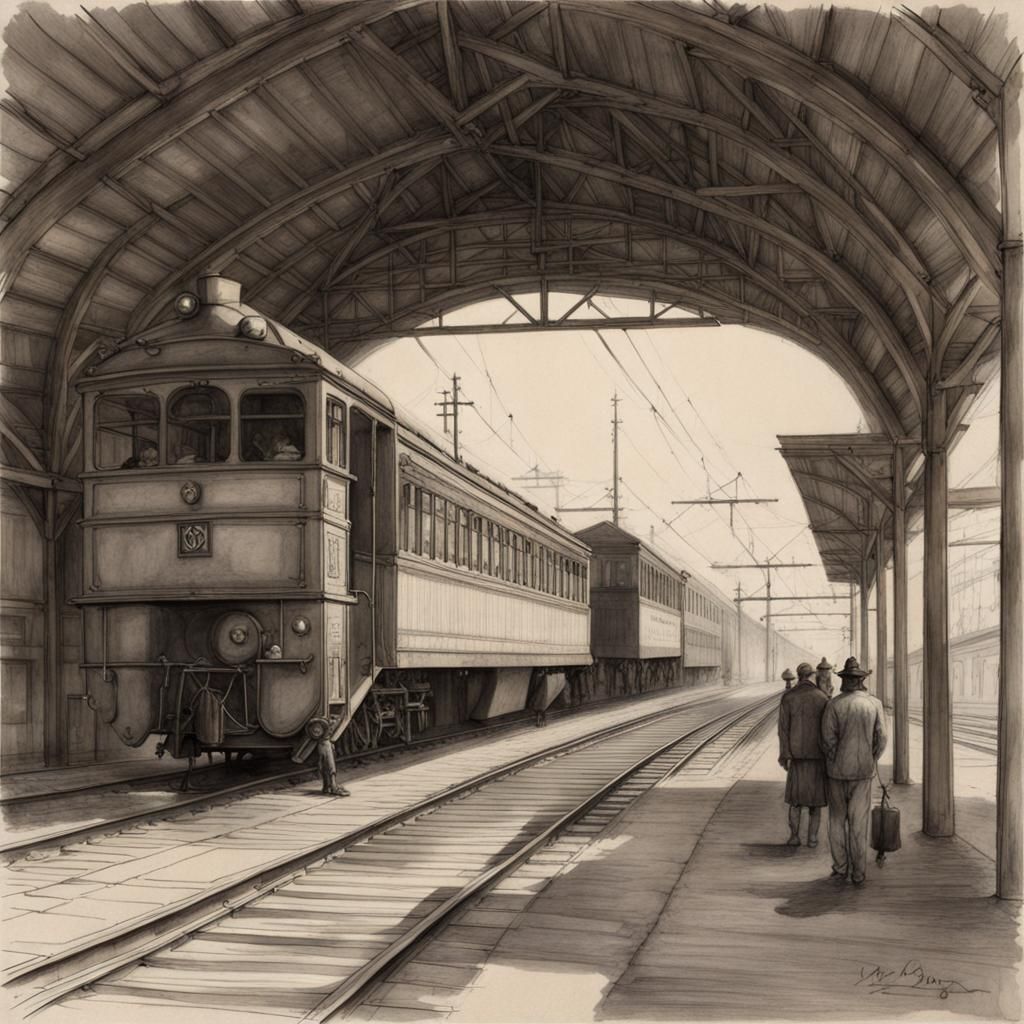Train Depot in Classic Pencil Illustration Style