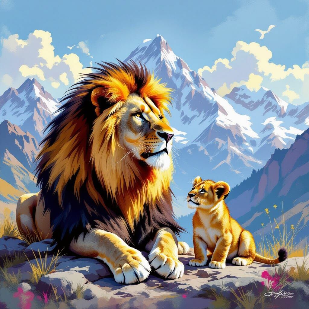 Regal Lion and Cub in Graffiti Art Style
