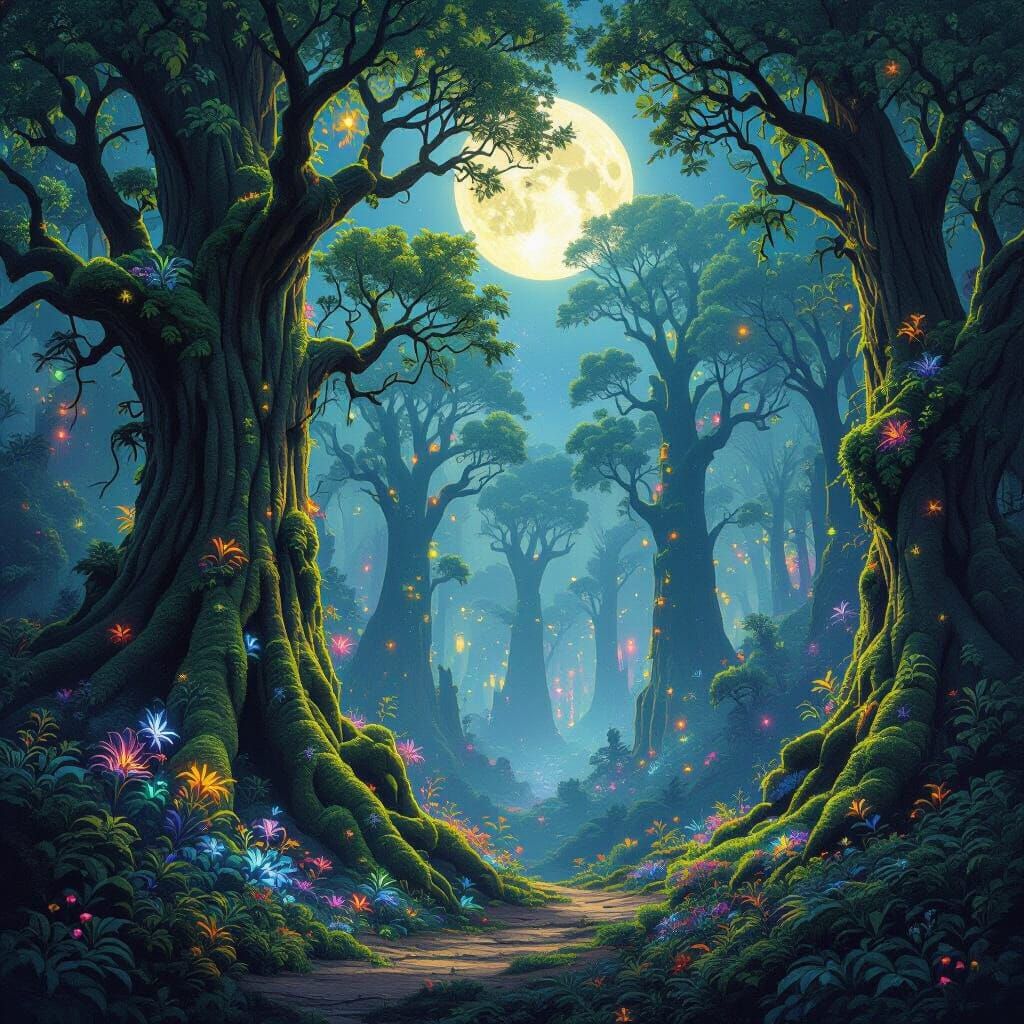Enchanting Moonlit Forest Digital Matte Painting