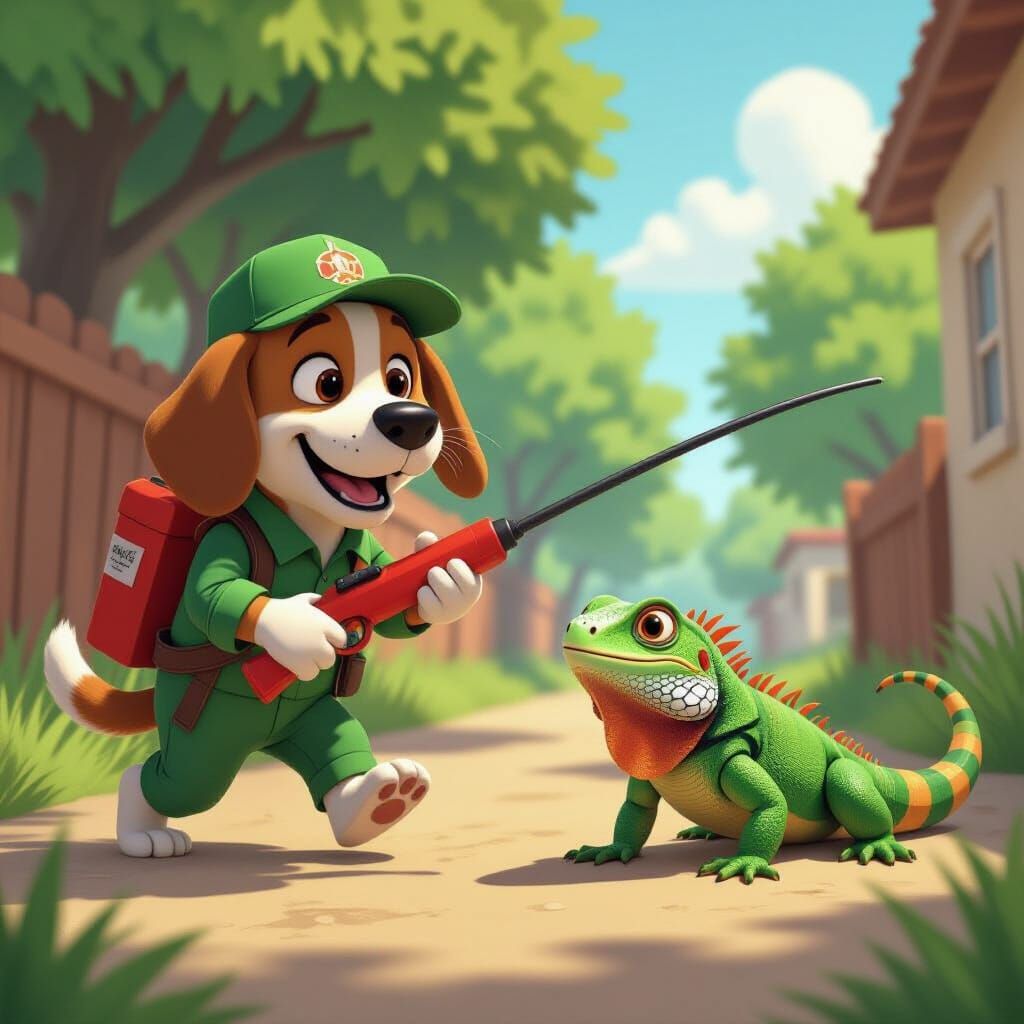 Beagle Exterminator Chasing Iguana in Pixar Cartoon Style