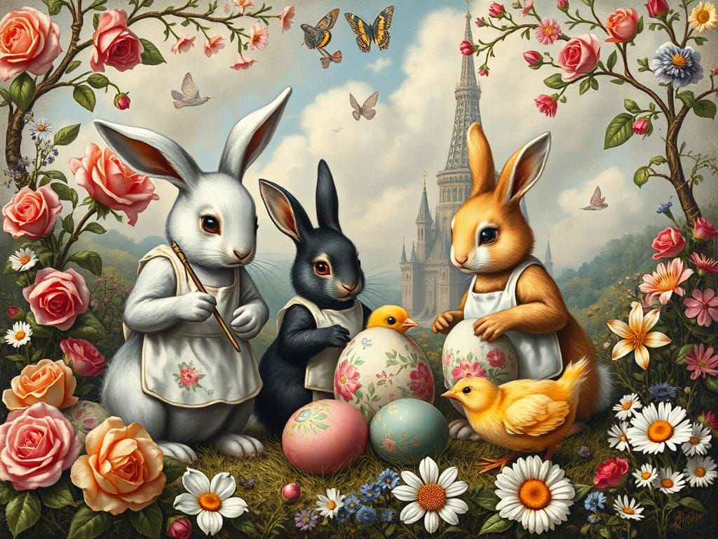 Whimsical Bunnies Painting Easter Eggs in Renaissance Landsc...