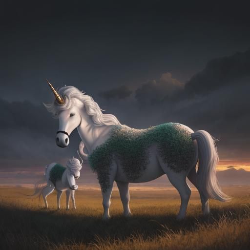 Two Unicorns eating grass in a field