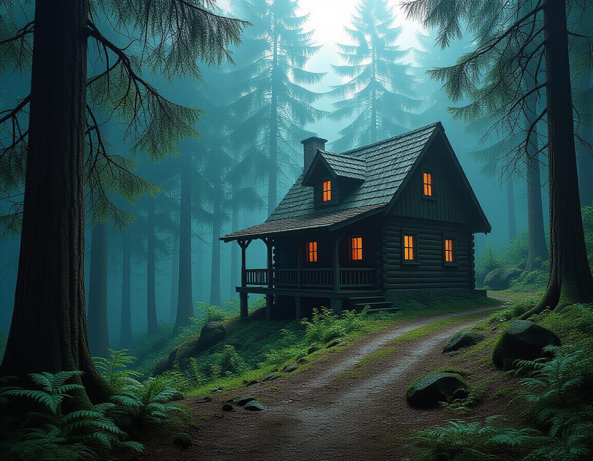 Rustic Cabin Fantasy Art in Deep Colors