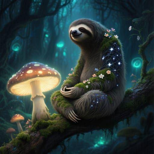 Ancient Sloth Meditating on Glowing Mushroom in Bioluminesce...