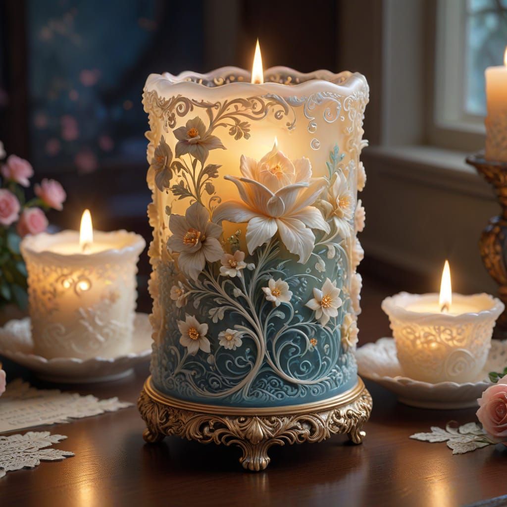 Intricate Wax Candle Art with Floral Motifs