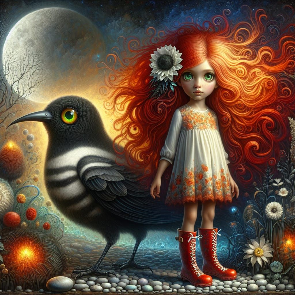 Fantasy Maiden with Mythical Bird in Whimsical Oil Texture