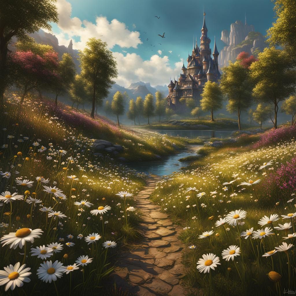 Lined Notepaper with Daisies, Detailed Matte Painting