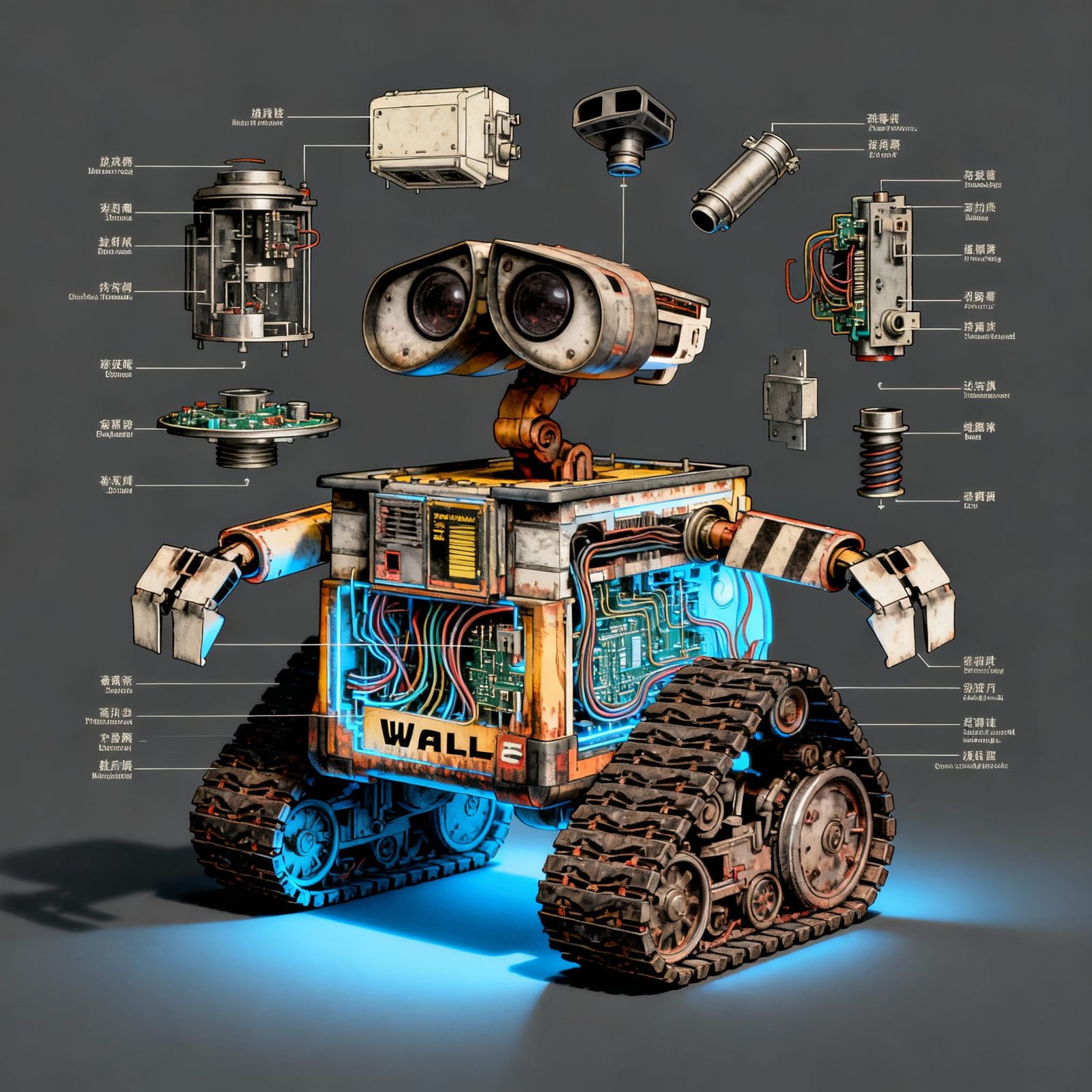 Wall-E Exploded Schematic Chart in Technical Blueprint Style