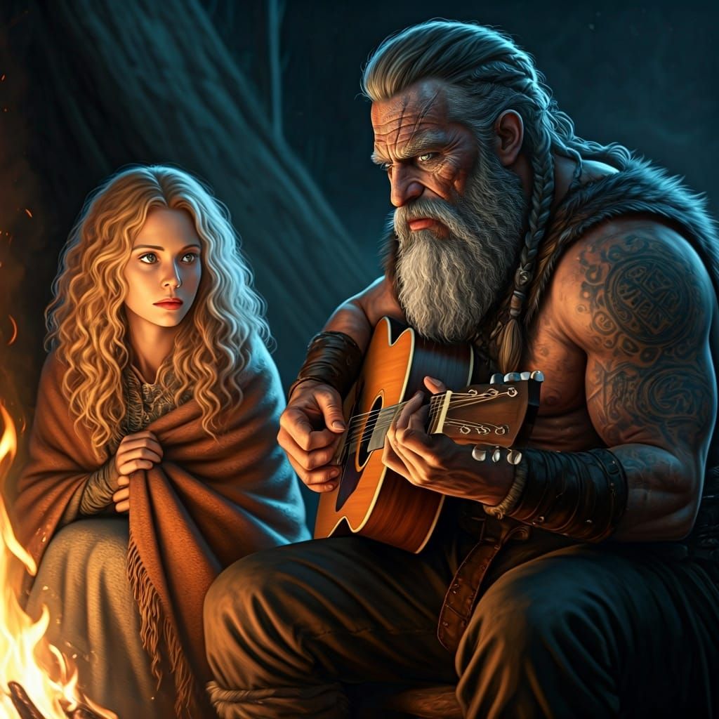 Coastal Firelight Scene with Viking Guitarist