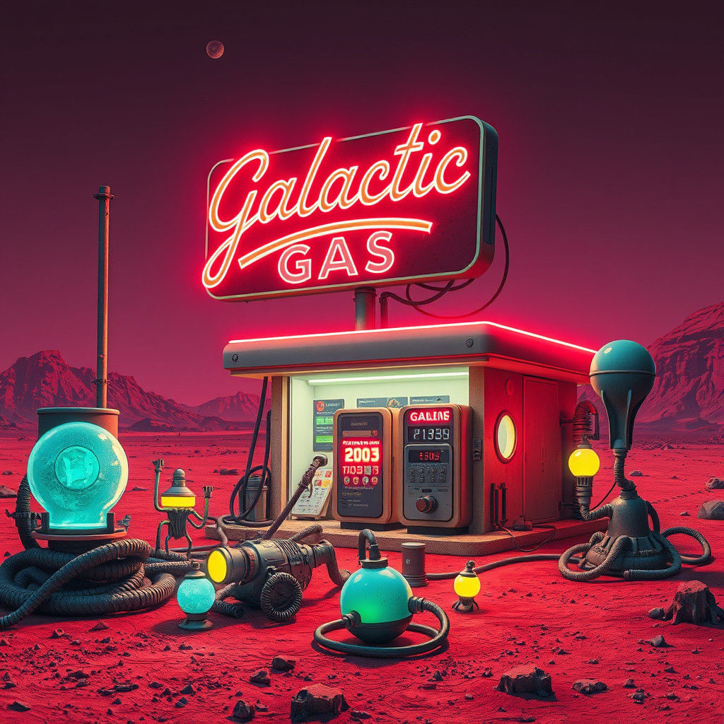 Neon Galactic Gas Station on Mars in Sci-Fi Style