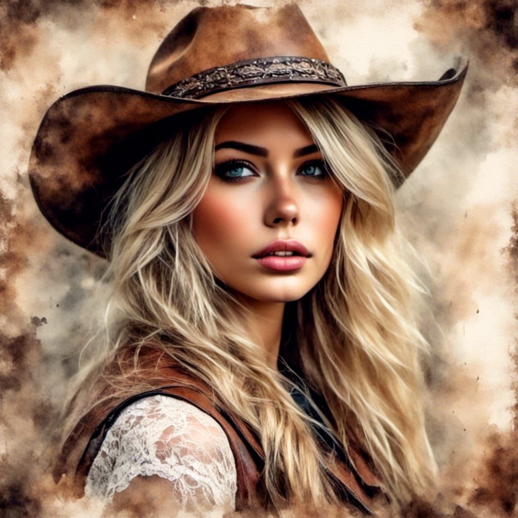 Cowgirl Portrait in Antique Watercolor Impasto Style