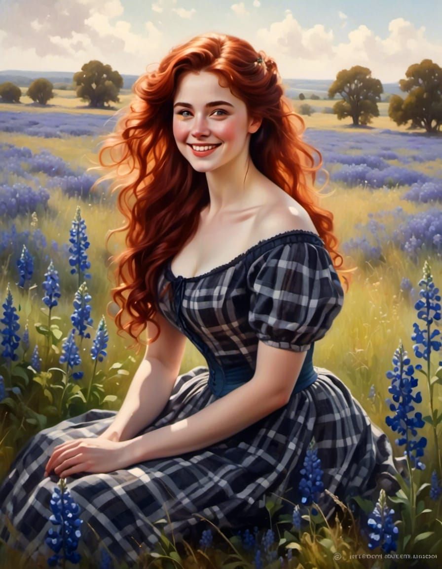 Victorian Woman in Bluebonnet Field Portrait