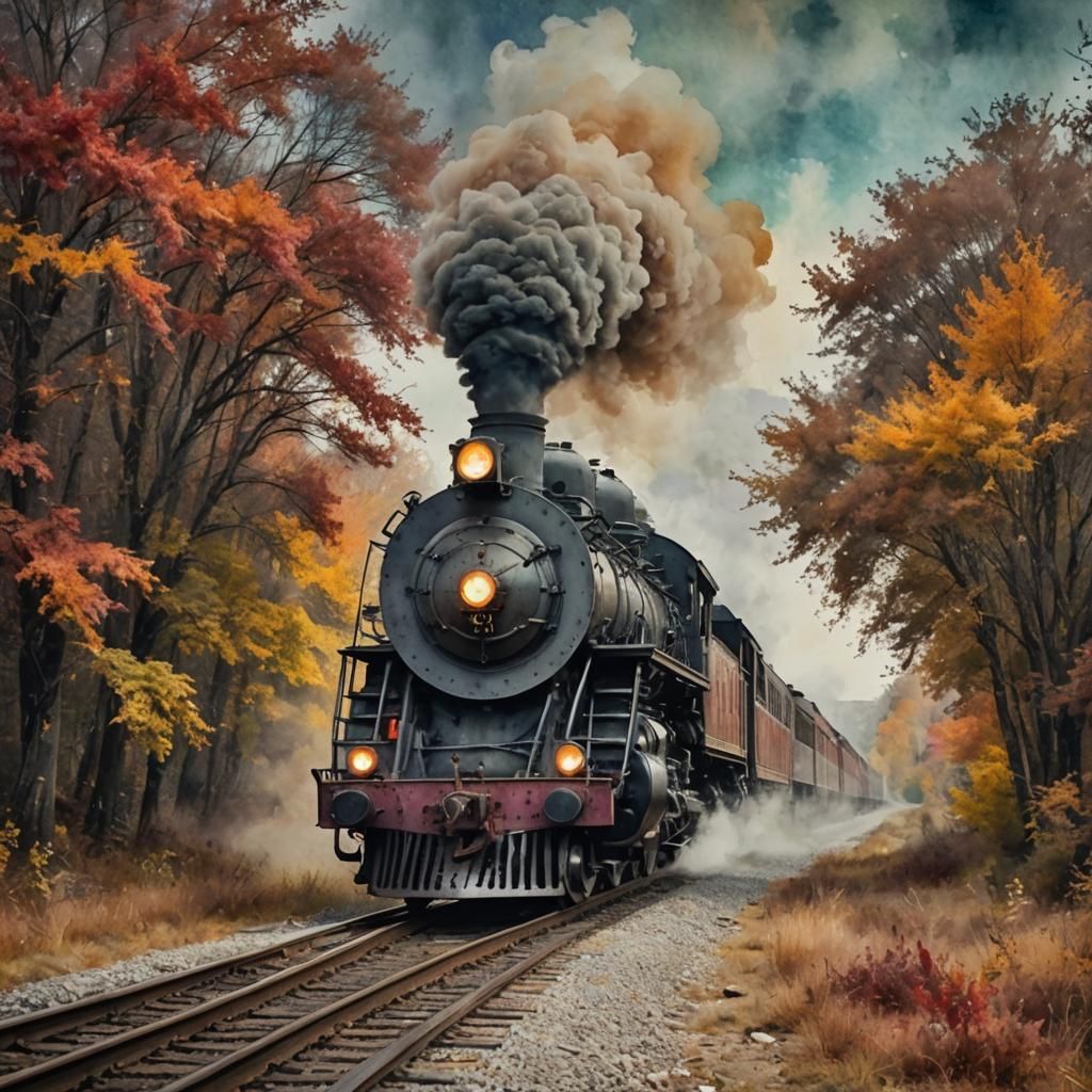 Fantasy Steam Locomotive in Watercolor Autumn Landscape