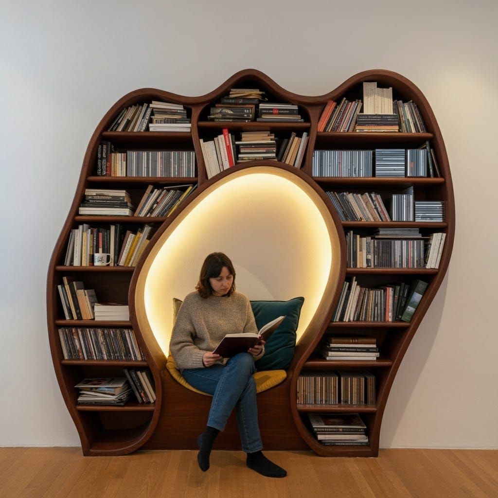 Woman in Cozy Reading Nook with Curved Bookshelf