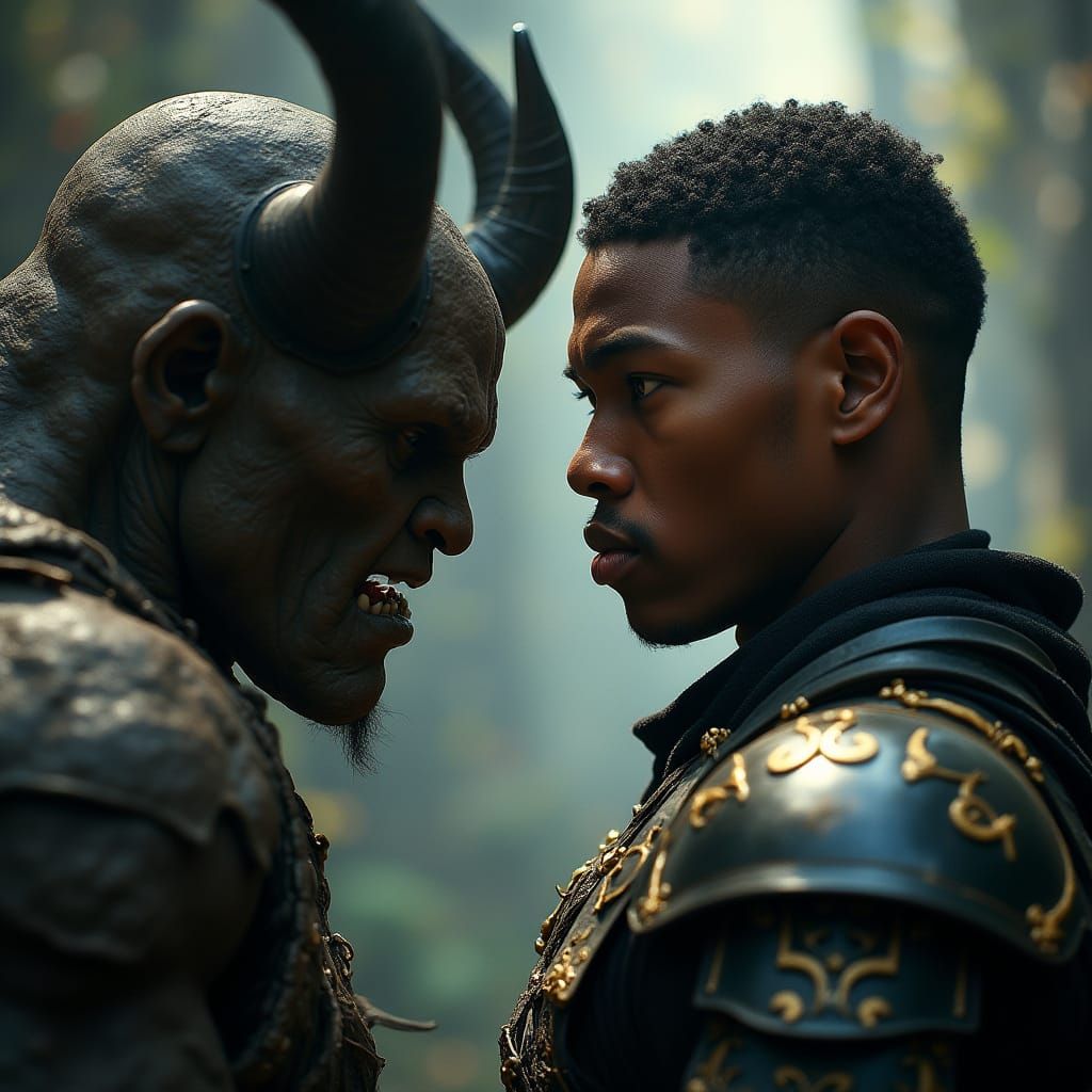 Cyberpunk Warrior God Confronts Horned Ogre