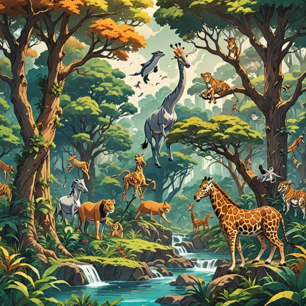 Colorful Forest with Wild Animals in Anime Style