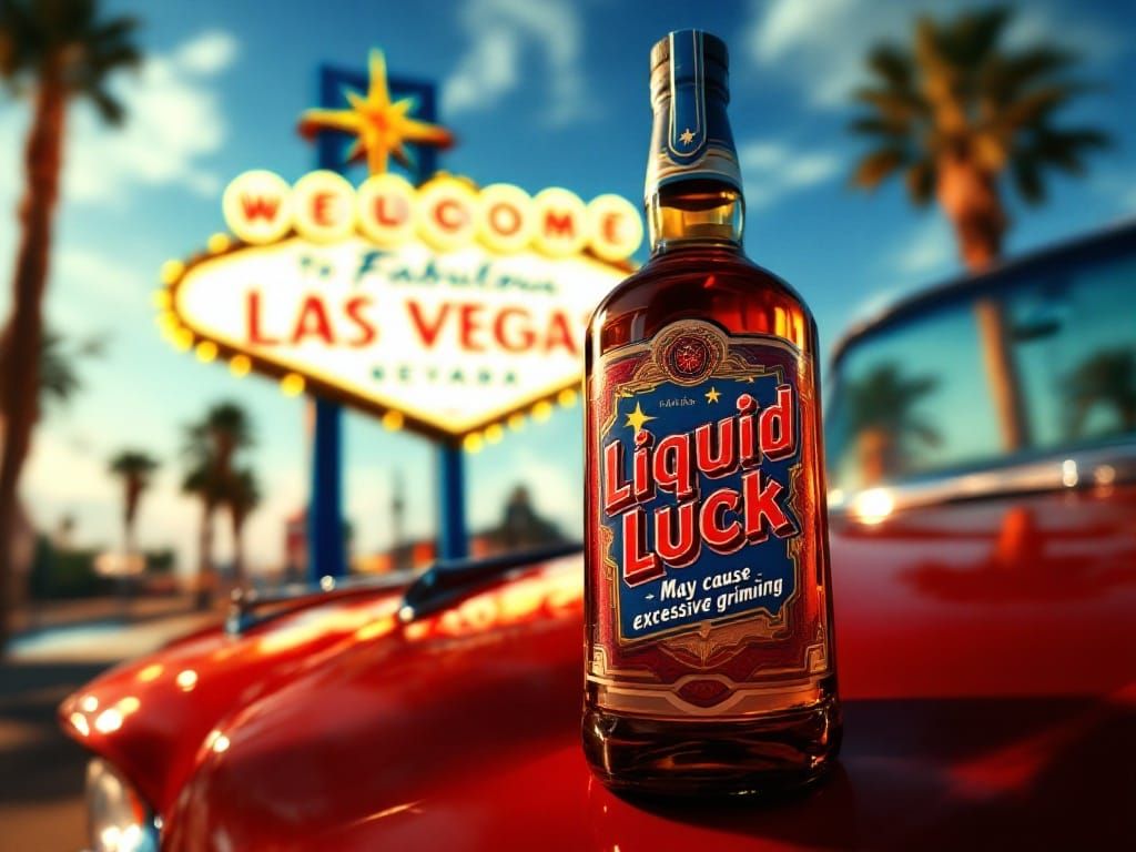 Retro Luck Bottle on Vintage Cadillac Hood near Las Vegas Si...