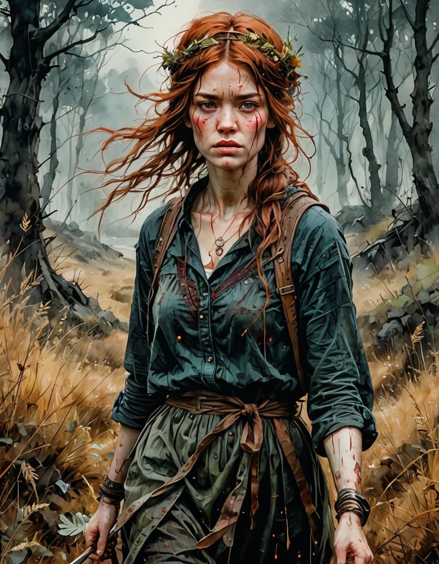 "des milliers de lucioles ouvrent la voie à travers des prairies sombres brumeuses, la femme rousse marche à travers cha...